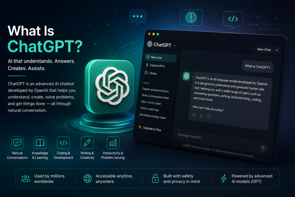 Illustration explaining what ChatGPT is and how the AI assistant works.